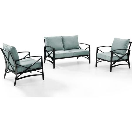 CROSLEY 3 Piece Kaplan Outdoor Seating Set with Mist Cushion - Loveseat, Two Kaplan Outdoor Chairs KO60011BZ-MI